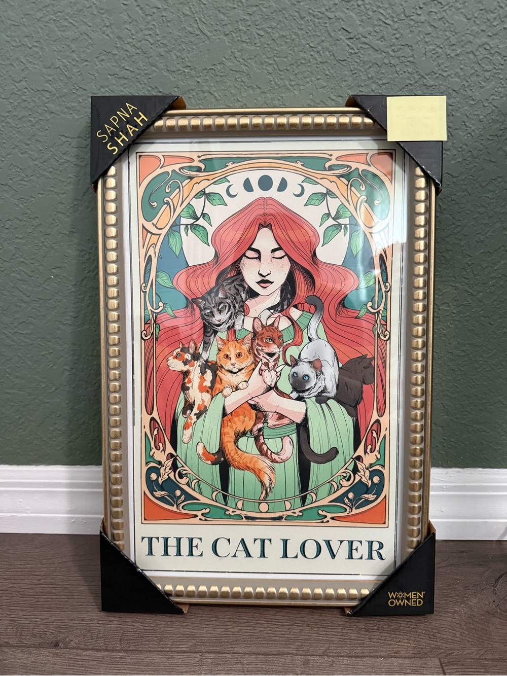 The Cat Lover Framed Art Print - Green, Coral, Gold